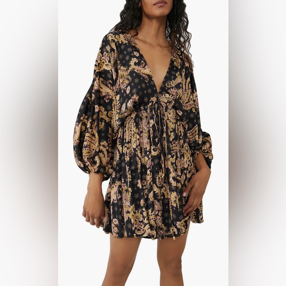 Free People Arzel Mini Dress in Black and Gold Paisley Print, Size Small NWT